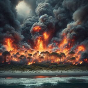  Wildfires in Myrtle Beach, with towering flames and thick black smoke billowing into the sky. The fire spreads rapidly among tall trees near a sandy shoreline, creating a dramatic and intense scene. The ocean waves in the foreground contrast with the fiery destruction behind them.